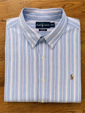 Ralph Lauren Light Blue Striped Button-Down Shirt with Pink & White Accents
